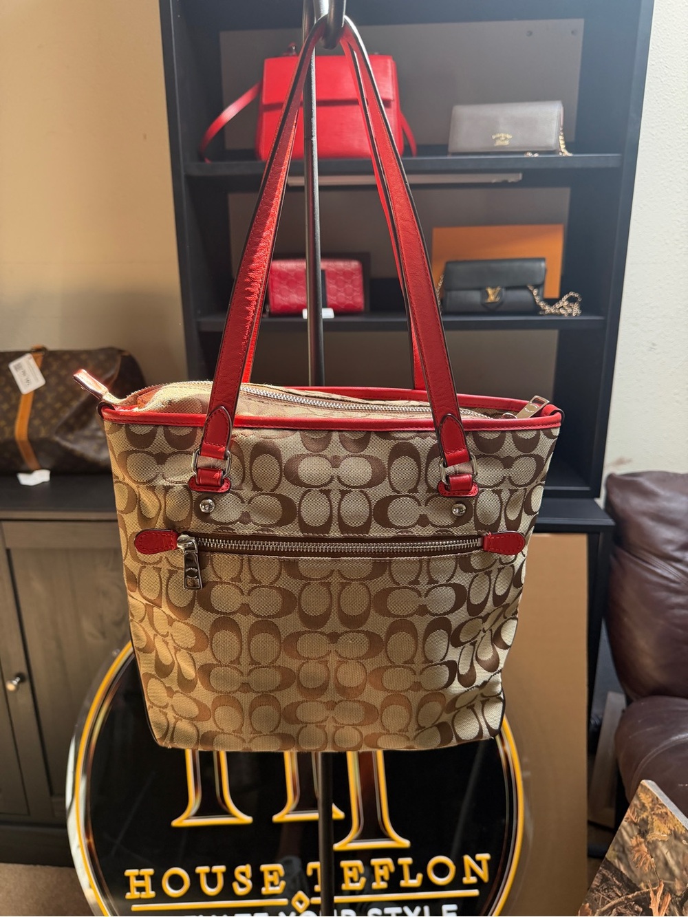 COACH Signature Jacquard Tote Bag Red Leather Trim - Picture 12 of 12